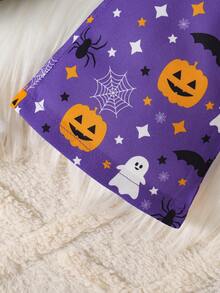 Bộ quần áo bé gái Halloween gồm bodysuit tay dài bèo nhún in hoạt hình mèo và dơi dễ thương + quần ống loe thường ngày in ma và bí ngô Halloween - Màu tím - Xem 4