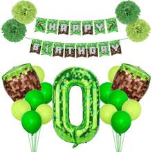 22 件生日装饰，游戏主题生日快乐横幅，40 英寸绿色像素矿工数字气球和像素立方体铝箔气球，用于像素派对装饰，终极派对用品套件，含气球和生日数字 (1-9) 标志 - 彩色 - 查看 3