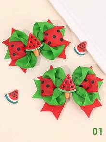 2PCS Girls Watermelon Bow Hair Clips, Cute Watermelon Print Bow Hairpins, Girls Fashion Red Hair Bows, For Daily And Party, Hair Accessories - Multicolor - View 14