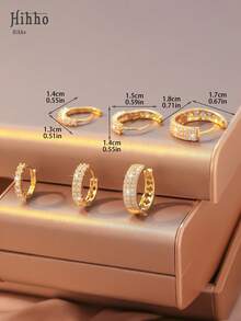 Hihho 6 Peças/Conjunto Conjunto de Brincos Argola Redonda de Zircônia Cúbica da Moda, Zircônia de Fileira Única Minimalista, Fileira Dupla Clássica Cintilante Circular, Elegante Francesa Fileira Tripla Vazada Joia de Luxo, Acessórios Graciosos para Senhoras Melhor Presente para Feriados e Dia dos Namorados - Ouro amarelo - Visão 5