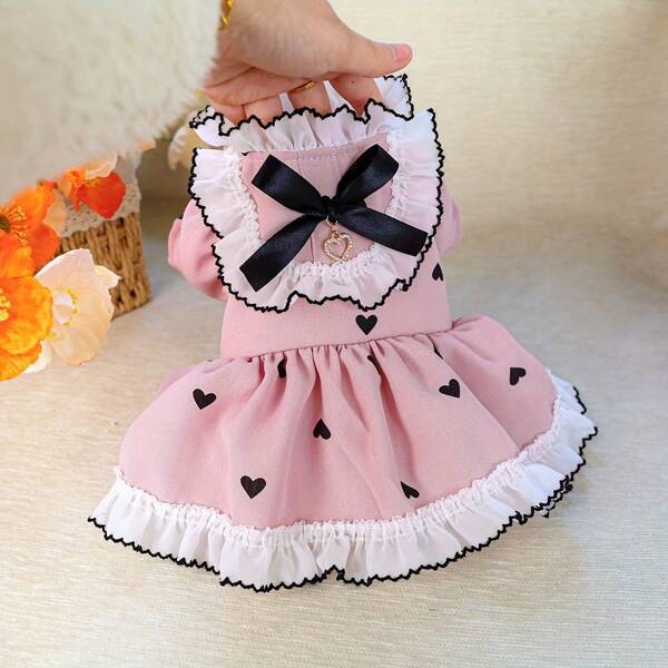 Cute Princess Dog Decoration Lace And Heart-Shaped Embellishment - Soft Pink And White Knitted Small Dog Costume (Chihuahua, Maltese, Pomeranian, Teddy) -% Polyester, Snap Closure