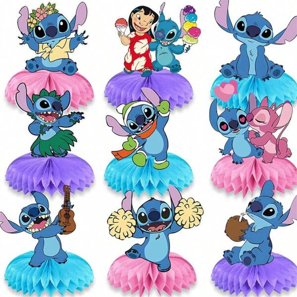 Disney Disney 9pcs Stitch Cake Decoration Card Set, The Cards And Stickers Can Be Flexibly Arranged On The Cake, And The Position Can Be Adjusted According To Personal Preference, Easily Creating A Unique Shape, Suitable For Party Decoration, Home Decoration, Birthday Decoration, Birthday Party Decoration, Back To School Season, Party Supplies, Wedding Season, Disney Fan Party Essential Party Decorations