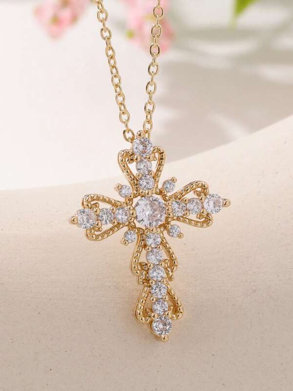 1pc Stainless Steel Cross Pendant Necklace For Women, Inlaid With Sparkling Cubic Zirconia, Suitable For Daily Wear, Parties, Birthdays, Ideal Gift For Loved Ones