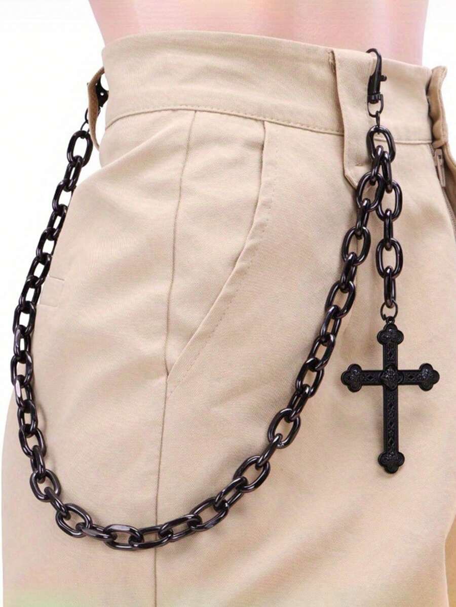 1Pc Popular Retro Diablo Style Cross Geometric Metal 's And Women's Belt Chain Suitable For Daily Outdoor Party Dating - 黑色 - 查看 1