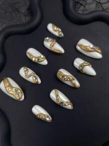 10 pezzi di unghie finte di design creativo Y2k, con cromo, realizzate a mano, kit acrilico con decorazioni a linea 3D e strass 3D, unghie estive bianche e dorate a mandorla, lucide e glitterate, essenziali per la spiaggia, design per unghie gotico per donne e ragazze per Ognissanti