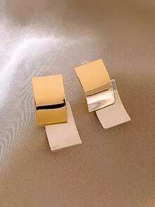 一对简约方形金/银金属耳环，适合女性的优雅日常佩戴 - 金黃色+銀色 - 查看 3