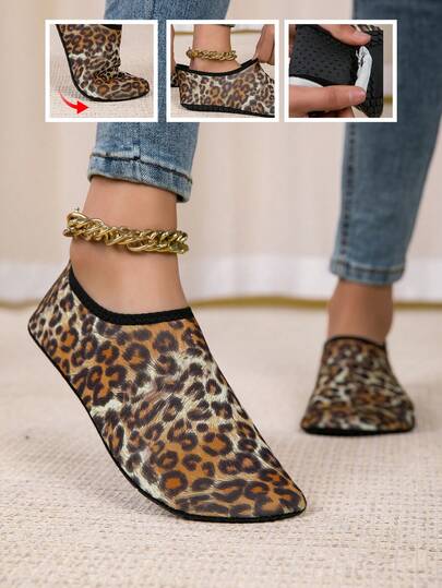 Women's Leopard Print Beach Socks, Soft Diving Water Shoes, Non-Slip Barefoot Shoes For Swimming, Yoga, Water Sports