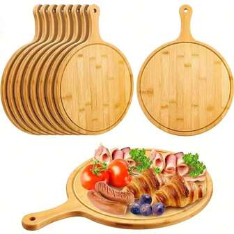 1pc, Bamboo Pizza Tray, Premium Pizza Board With Handle, Natural Pizza Serving Board Wooden Cutting Board For Homemade Pizza, Cutting Fruit Vegetables, Breads, Cheese And Serving Board, Baking Supplies Kitchen Accessories
