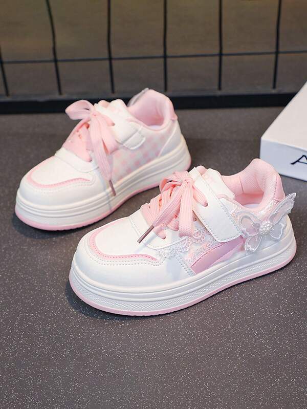 1 par de zapatos deportivos casuales rosas para niños, con cierre de gancho y bucle, decoración de mariposa, zapatos planos para niña, estilo escolar para todas las estaciones