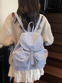 1pc Blue Nylon Casual & Fresh Checkered Pattern Backpack With Multiple Pockets, Metal Eyelets, Drawstring & Snap Closure, Large Capacity Foldable Water-Resistant Design, Suitable For Daily School, Commute, Shopping, Travel, Gift For Back To School Or Graduation - Blue - View 8