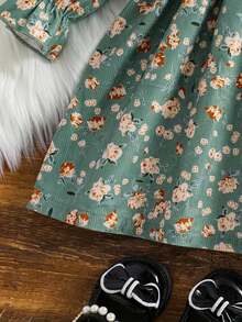 2pcs/Set Girls' Ditsy Floral Dress Set, Including Knit Vest And A-Line Dress, Suitable For Spring And Autumn Wear - Green - View 5
