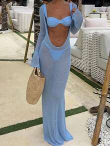 Women Beach Cover Up Knit Sheer Maxi Dress Solid Color See-Through Long Sleeve Summer Vacation Swimsuit Coverup Bathing Suit Cover Ups Long Dresses For Beach Vacation - màu xanh nhạt - Xem 3