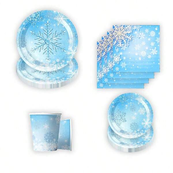 80pcs/Set Blue Snowflake Theme Party Supplies, Including 7-Inch/9-Inch Party Plates, Napkins, Cups With Different Winter Blue Snowflake Patterns, Suitable For Birthday Party, Valentine's Day, Family Gathering, Classmate Reunion, Picnic, New Year