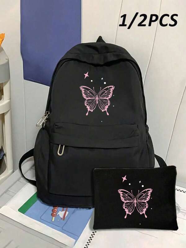 Butterfly Print Large School Bag For Teen Girls Schoolbag Student Book Bag Fashion Black Teen School Backpack, Bag For School For College Classic Long Coin Purse, Large-Capacity Purse With Zipper(Random Color And Style), Back To School Laptop Bags & Cases