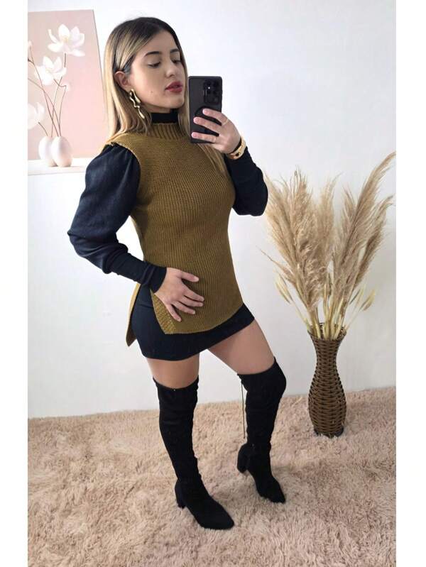 Colete Feminino Tricot Fang Liso Inverno Frio Tricô Pullover Sobreposição