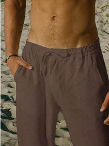 Pantalones rectos de lino para hombre, de un solo color, con cordón y bolsillo, de ajuste relajado - Café integral - Ver 5