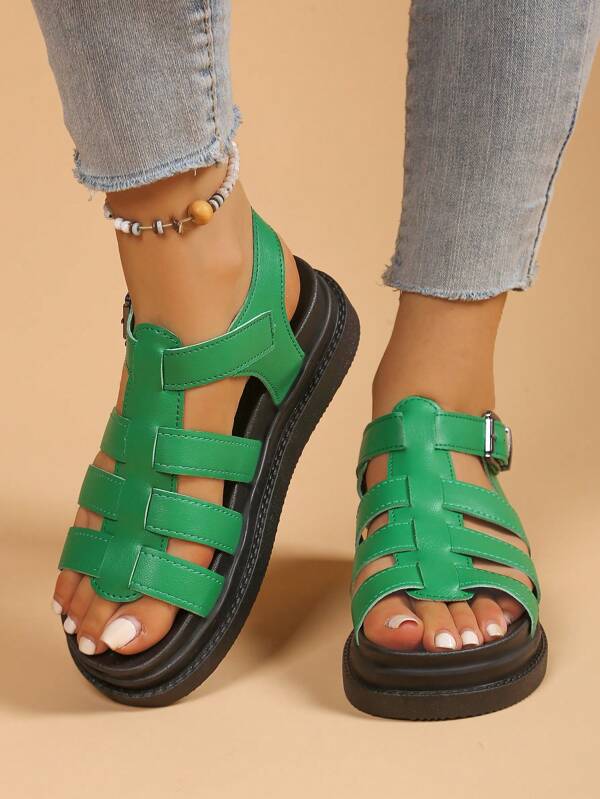 Women's Flat Sandals, New Thick Sole Green Sandals, Roman Style Non-Slip Versatile Fashion Sandals For Summer Casual Beach, Suitable For Travel, Work, School, Party, Shopping