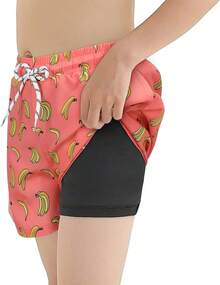 Boys Swim Trunks With Boxer Brief Liner Swim Shorts Compression Liner Youth Anti Trunks Halloween Christmas New Year - Chuối hồng - Xem 3