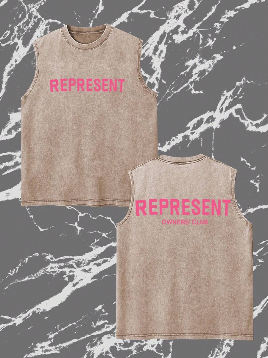Premium 230g Heavyweight Pure Cotton Washed Distressed Men's Sleeveless Vest T-Shirt - "REPRESENT" Brand Statement Front & Club Slogan Back Print Tank Top ( Brand Style, Front & Back Print, Fashion Casual All-Match, All Seasons Wear)