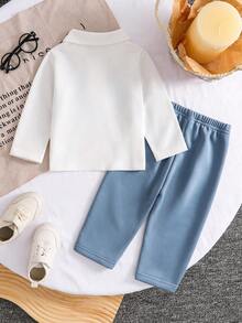 Moletom com gola polo e manga comprida com estampa geométrica para meninos, terno casual para uso diário ao ar livre, primavera/outono - Branco - Ver 3