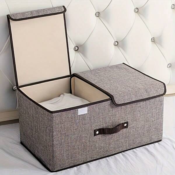 1pc Linen Double Lid Foldable Storage Box, Large Size Storage Organizer Box With Lid For Clothes, Underwear, And Miscellaneous Items