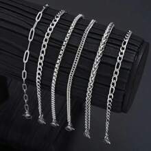 6 件/套简约不锈钢链式手链，男女皆宜，适合度假、派对、约会、送礼、日常穿着，男女通用 - 鋼色 - 查看 3