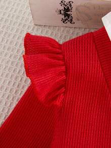 2pcs Girls Casual Outgoing Fashion Contrast Color Frill Hem Splice 2 In 1 Design Half-Open Collar Long Sleeve Top And Pants Set, Spring/Autumn - Red - View 5