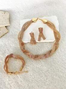 4pcs/Set Minimalist Hollow Out Wide Necklace Earrings Bracelet Net Design Elegant Matching Jewelry Set For Women