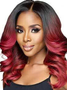 Ombre Red To Black Short Wig, 16 Inch Middle Part Short Curly Synthetic Wig For Women, Colored Long Straight Hair With Bangs Wig, Suitable For Halloween Party, Music Festival, Carnival, Cosplay, Masquerade Ball - Burgundy - View 5