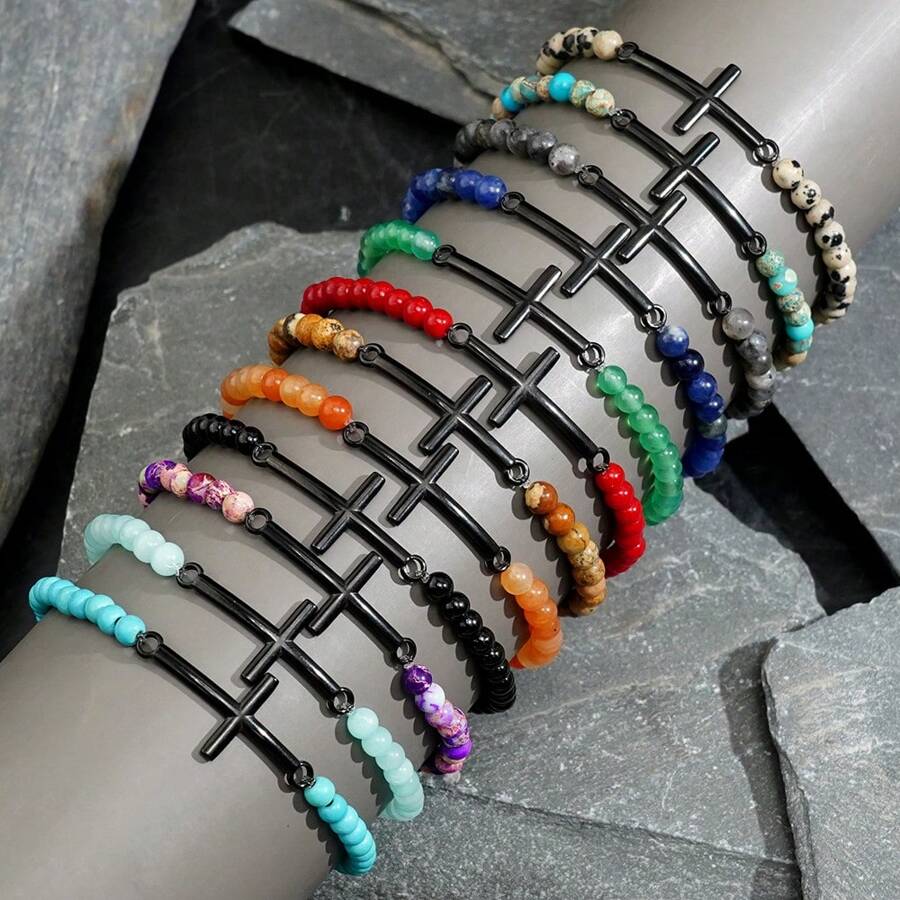 Bracciale da uomo con croce in metallo color acciaio, accessori metallici cool e hardcore con perline di calcedonio rosso cremisi lucido da 4 mm e pietre preziose