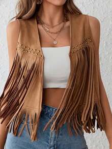 Women's Suede Tassel Vest 70s Hippie Outfit Sleeveless Open Front Vest Western Jacket - Cà phê nâu - Xem 1