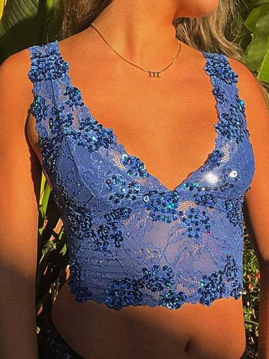 Women Handcrafted Sequin Cami Top Vintage V Neck Sleeveless Backless Crop Tops Slim Fit Vest Shirt - Màu xanh lam - Xem 1