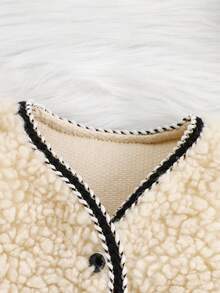 秋冬季女童可爱仿皮草上衣，米色主体搭配黑色滚边，蝴蝶结口袋，宽松版型，保暖又时尚 - 米色 - 查看 3