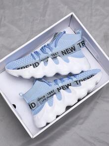 Men's Ultra-Light Flame Patterned Thick Sole Sneakers, Casual Outdoor Sports Shoes, Personalized All Season - White and Blue - View 6