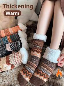 2 Pairs Of  Thick Winter Warm Socks, Middle Tube Socks, Silicone Anti Slip Floor Socks, Cold Resistant Home Retro Pattern Long Tube Sleep Socks - 彩色 - 查看 1