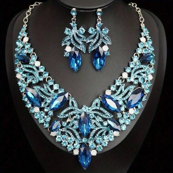 1 Set Elegante de Joyería Lujosa para Mujeres, Aretes, Collar, Set de 3 Piezas con Rhinestones, Adecuado para Novia, Boda, Uso en Fiestas