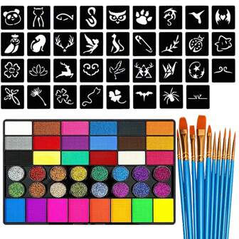 Kit de pintura facial de 42 colores, 10 pinceles + plantillas, set de pintura corporal con efecto glitter, pigmento de maquillaje soluble en agua, adecuado para Halloween, actuaciones de mascarada