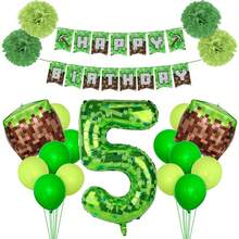 22 件生日装饰，游戏主题生日快乐横幅，40 英寸绿色像素矿工数字气球和像素立方体铝箔气球，用于像素派对装饰，终极派对用品套件，含气球和生日数字 (1-9) 标志 - 彩色 - 查看 8