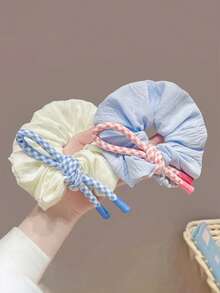 1 件甜美学院风粉色和蓝色格子蝴蝶结装饰发圈，蓬松云朵马尾辫固定发圈，发圈，发圈，洗脸，发饰