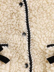 秋冬季女童可爱仿皮草上衣，米色主体搭配黑色滚边，蝴蝶结口袋，宽松版型，保暖又时尚 - 米色 - 查看 6