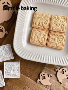 4pcs Halloween Cartoon Theme Cookie Cutter Set, Including Ghost, Skeleton And Monster Patterns. Also Includes Parent-Child Frosting Cookie Tools, Day Of The Dead Cookie Stamps And Dessert Molds. - White - View 8