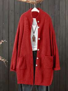 Plus Size Solid Color Casual Half-Turtleneck Cardigan, Autumn/Winter
