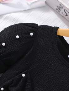 Toddler Girls' Bubble Long Sleeve Round Neck Pearl Bow Top Spliced Red Ruffle Dress, Fashionable Elegant Princess Dress, Autumn/Winter - Red - View 5