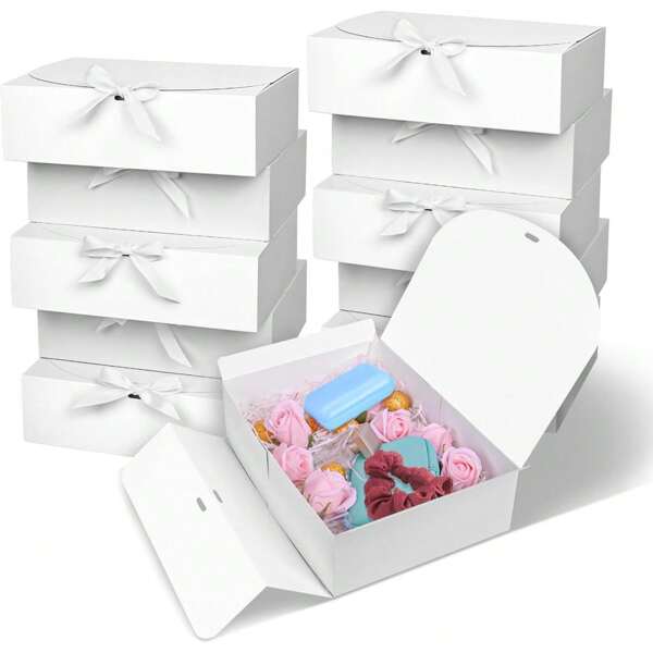 10pcs/5pcs/2pcs-Gift Boxes And Lids, Large White 10.6X8X3.2 Inch Gift Boxes, Bridesmaid Suggestion Boxes And Ribbons, Cowhide Cartons For Weddings, Wedding Anniversaries, Packaging, Gifts, Birthdays, Baths, Christmas Thanksgiving, Parties And Mother's Day.