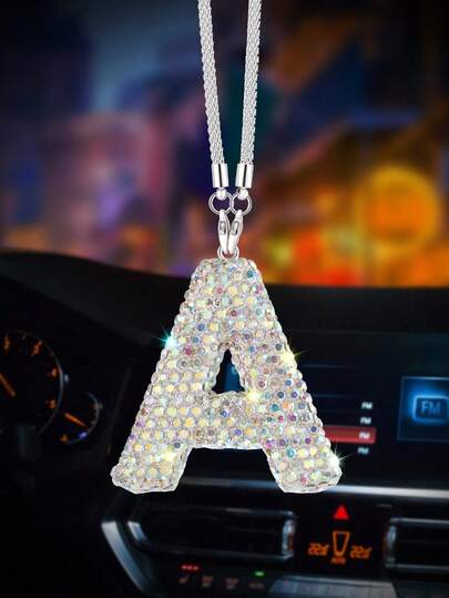 1 件汽车后视镜，带水晶闪亮字母吊坠、闪亮水钻吊坠、幸运反光装饰 - 坚固的金属材质