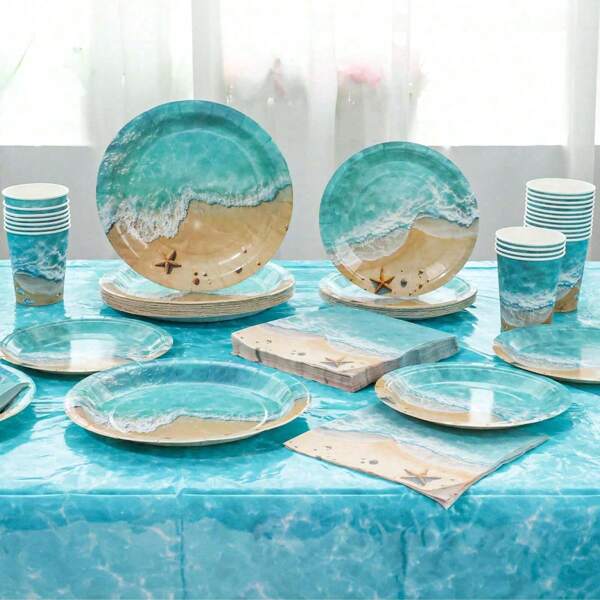 10pcs/20pcs/40pcs/50pcs/Set,Summer Beach Tableware Party Supplies - Disposable Ocean Wave Hawaiian Tableware Set, Disposable Paper Plates For Beach Theme, Luau, Tropical Pool Party Decorations