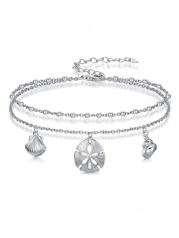 Bracelet de cheville en argent sterling 925 à double couche avec tortue de mer colorée, étoile de mer, coquillage. Bijou de plage et de villégiature, cadeau pour petite amie, épouse, mère
