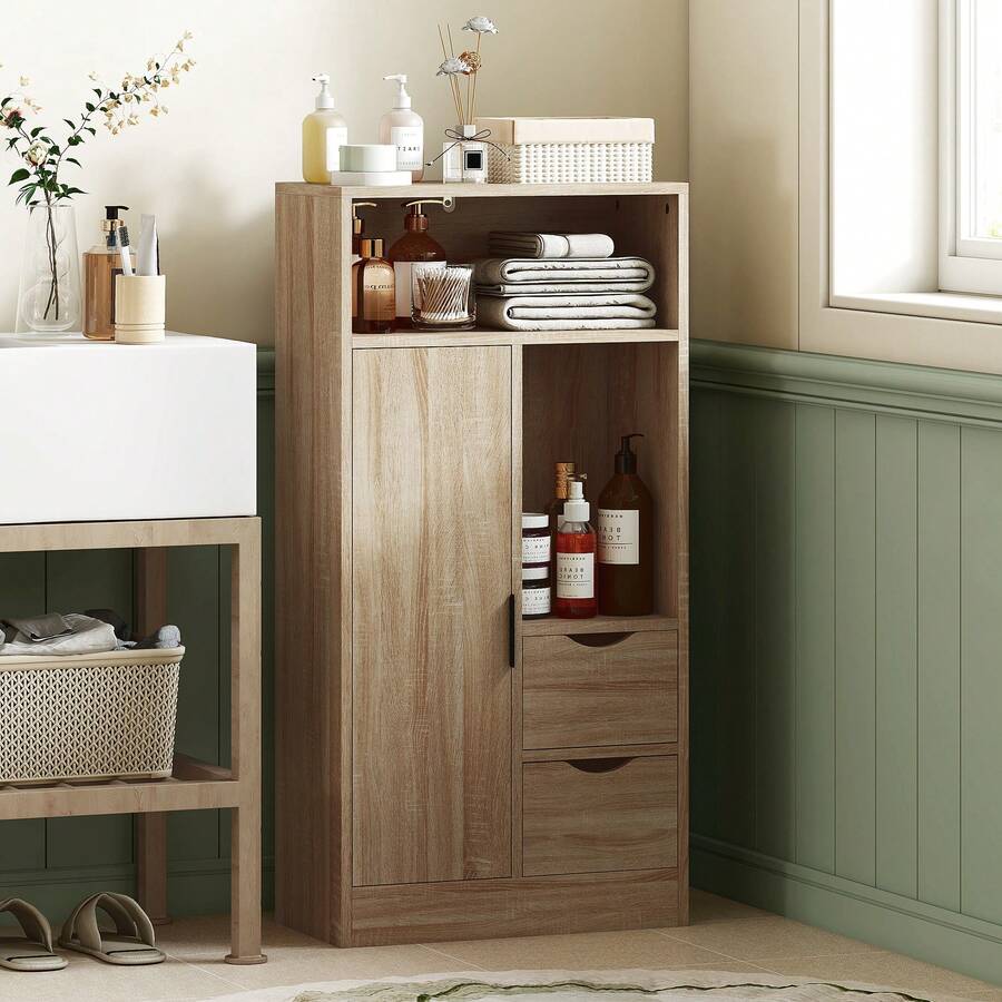 Tủ đựng đồ nhà tắm HOMCOM tiết kiệm không gian, kiểu dáng mỏng, có 2 ngăn kéo, 3 tầng kệ điều chỉnh được và tủ, phong cách Bắc Âu, kích thước 50x25x100 cm, màu gỗ tự nhiên. - Màu gỗ - Xem 1