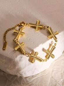 1pc Fashion Stainless Steel 18K Gold Plated Hypoallergenic Cross Bracelets Handmade Chunky Jewelry For Women Daily Holiday Wear