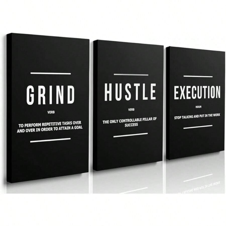GUBIYU Black Hustle Grind Execution Wall Art Set Of 3 Framed Canvas Office Inspirational Motiviational Wall Decor Art Positive Quotes Posters Living Room Pictures Walls Decor Mens Guys 12x16 - Black 001 - 查看 1